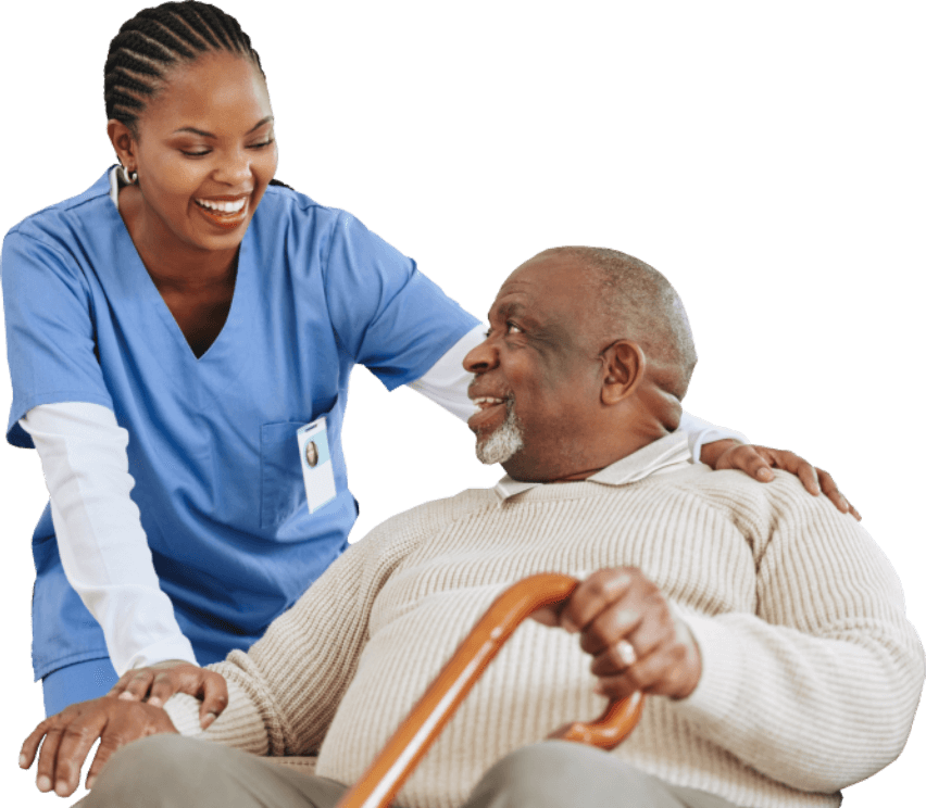 aide and elderly woman smiling